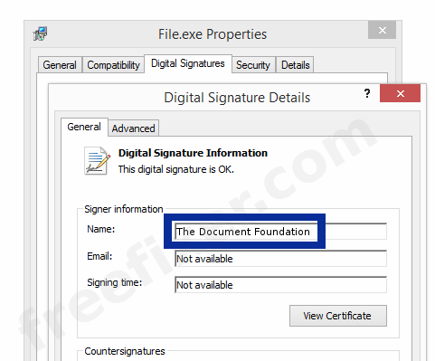 Screenshot of the The Document Foundation certificate